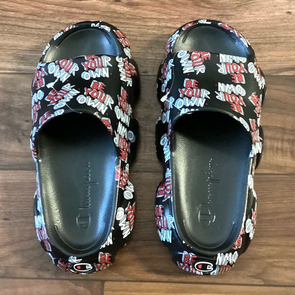 Champion Hyper Slide Be Your Own Mens Black Graphic Print Sandals CP101348M